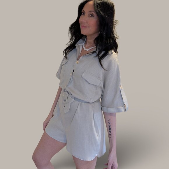 Mable Lt. Taupe Alice Linen Button Up Romper - Small - NWT - Picture 1 of 11